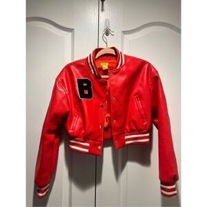 Daisy Women's Faux Leather Red Varsity Crop Jacket size S